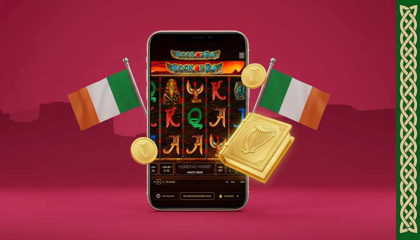 Grid of Irish-licensed casino app icons (PaddyPower, BoyleSports, Bet365, LeoVegas, Unibet) with a Book Of Ra reel preview overlay