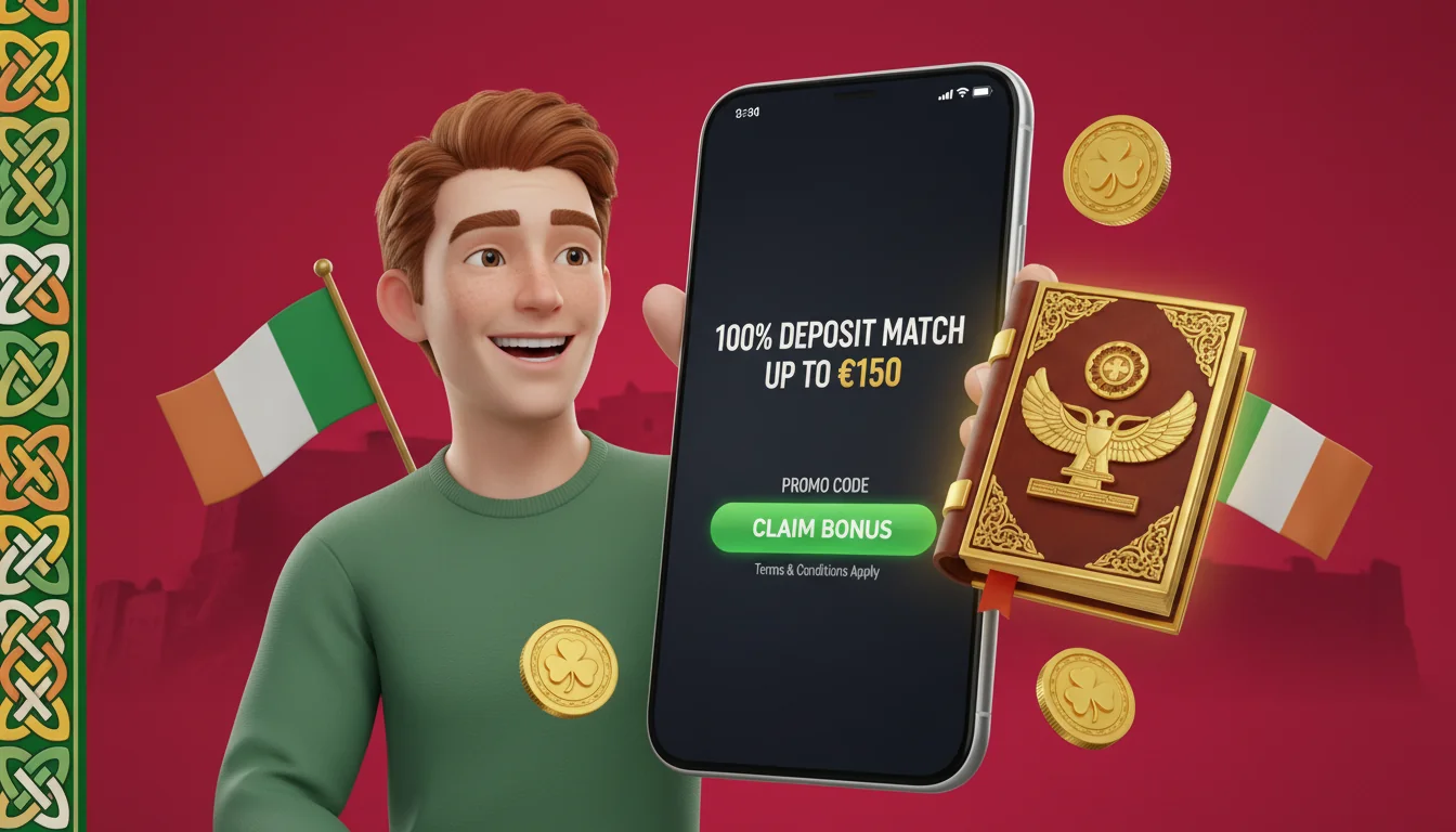 Book of Ra welcome bonus claim screen showing deposit field, promo code entry, and free spins counter on an Irish casino lobby