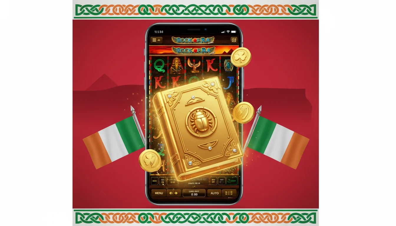 Smartphone showing a Book of Ra reel spin inside the LeoVegas mobile app with Apple Pay confirmation banner