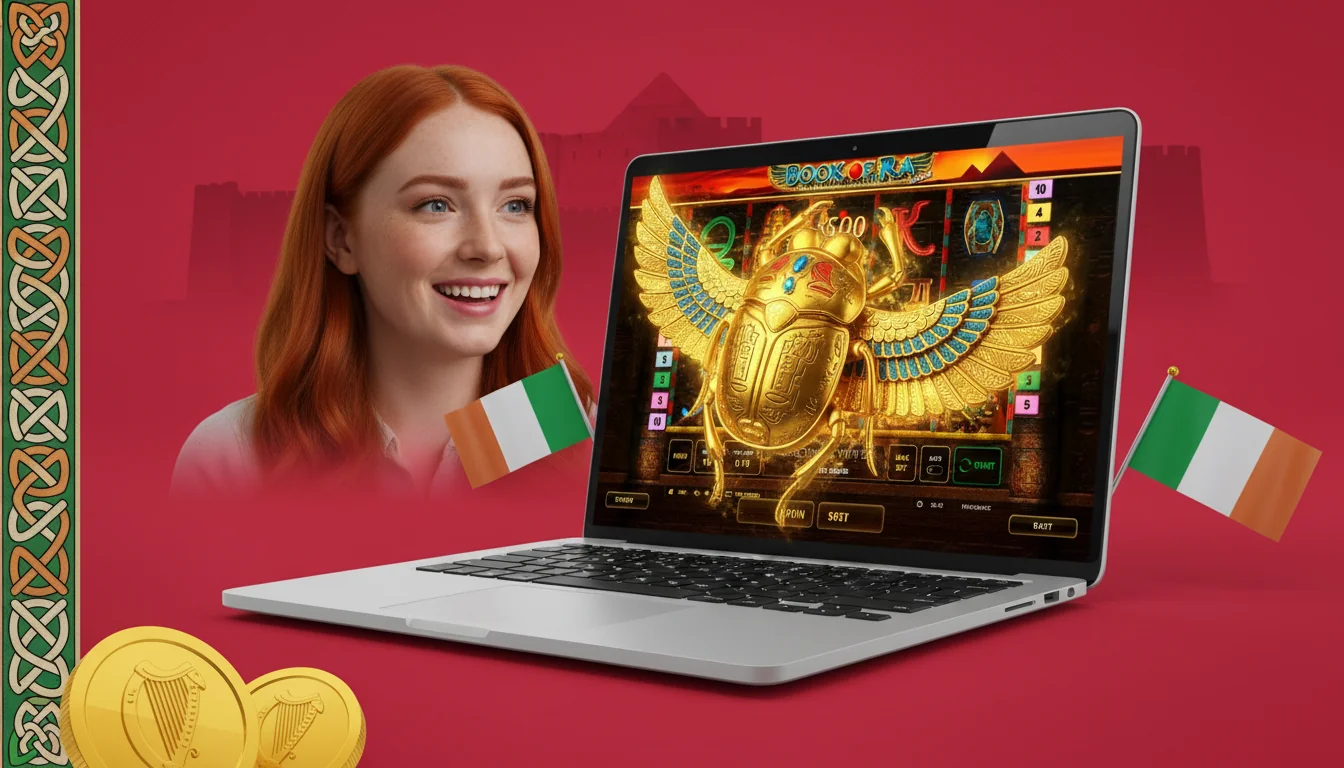 Side-by-side comparison of three Irish-licensed casino lobbies showing Book of Ra thumbnails with welcome bonus banners and EUR payment icon